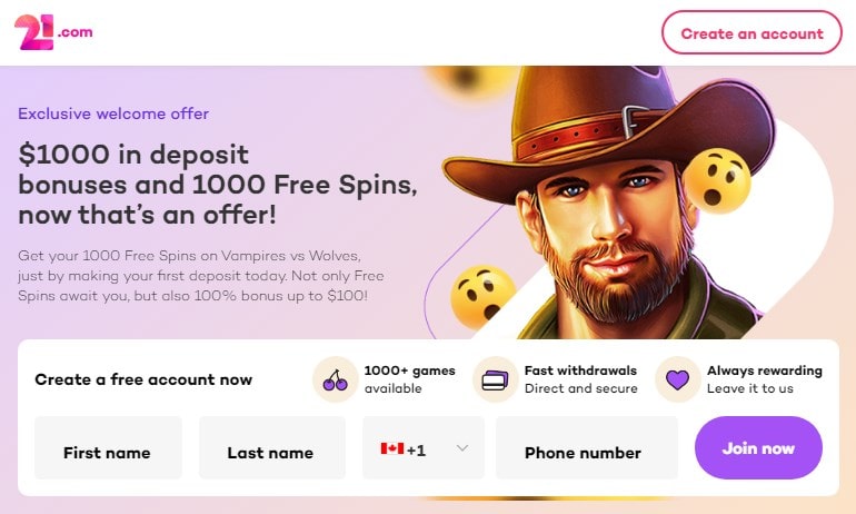 21.com Casino exclusive welcome offer