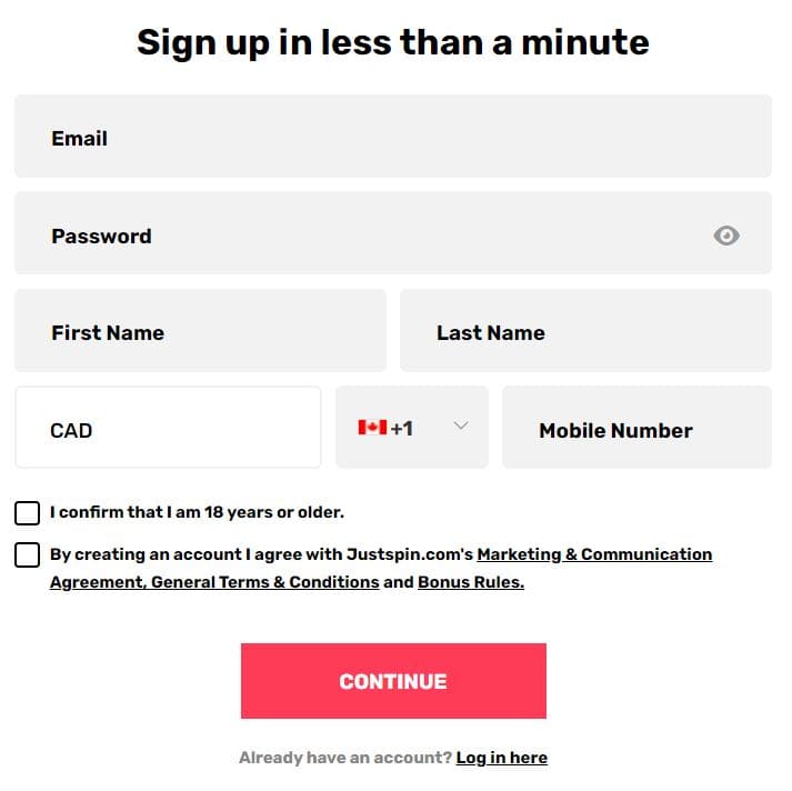 JustSpin Registration Step 2