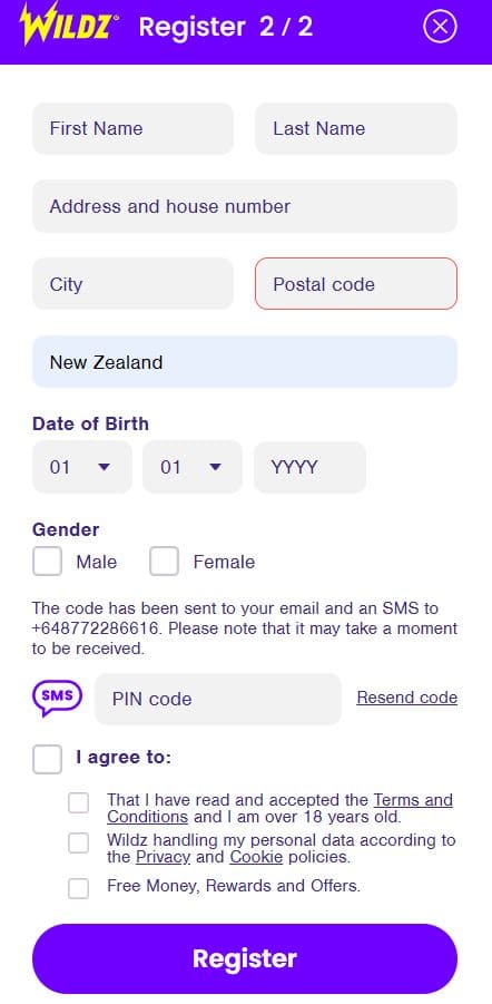 Wildz Casino Registration Step 3