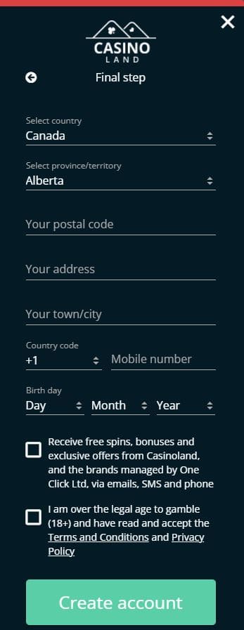 Casinoland Casino Registration Step 3