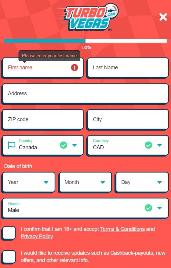 Turbo Vegas Registration Step 3