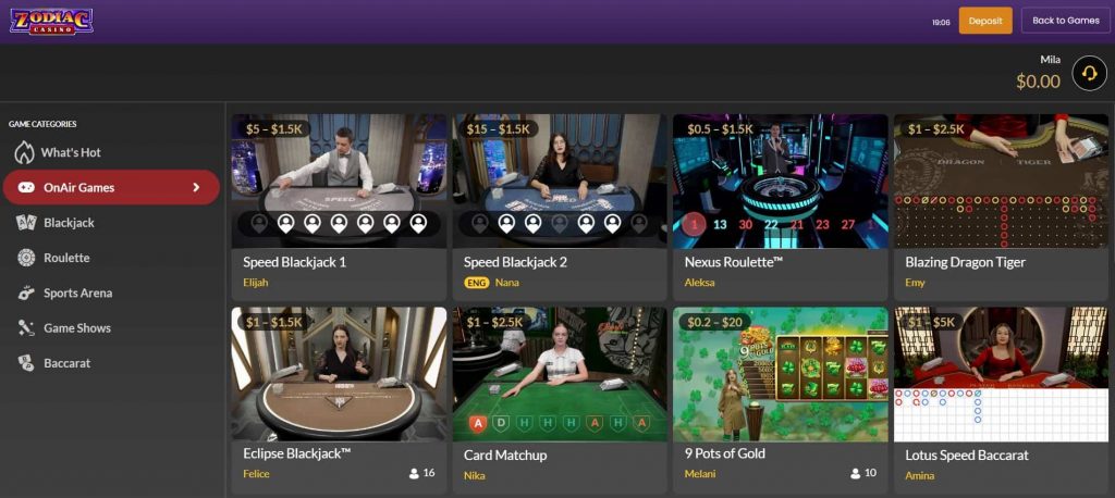 Zodiac Casino Live Games