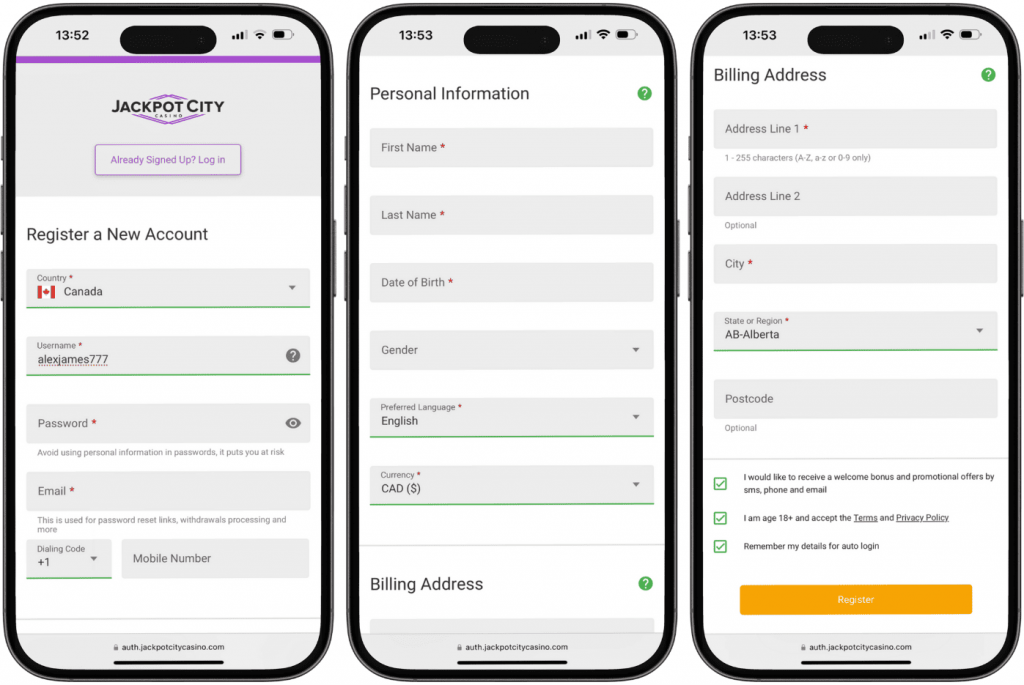 Jackpot City Casino sign up screenshots on iPhone