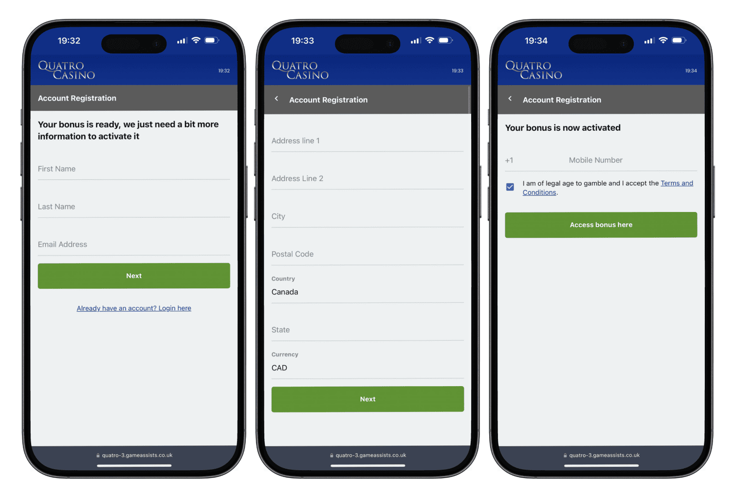 Quatro Casino Canada sign up screenshots on iPhone