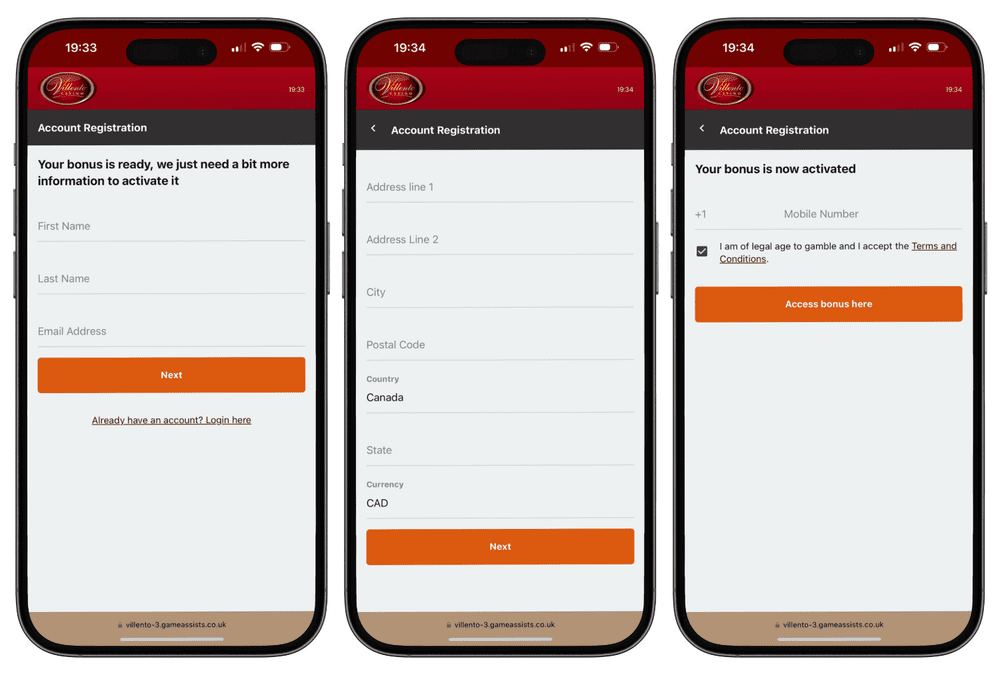 Villento Casino sign up screenshots on iPhone