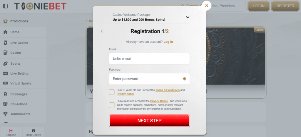 Registration at ToonieBet