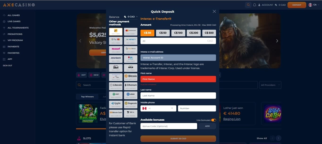 axe casino payment methods