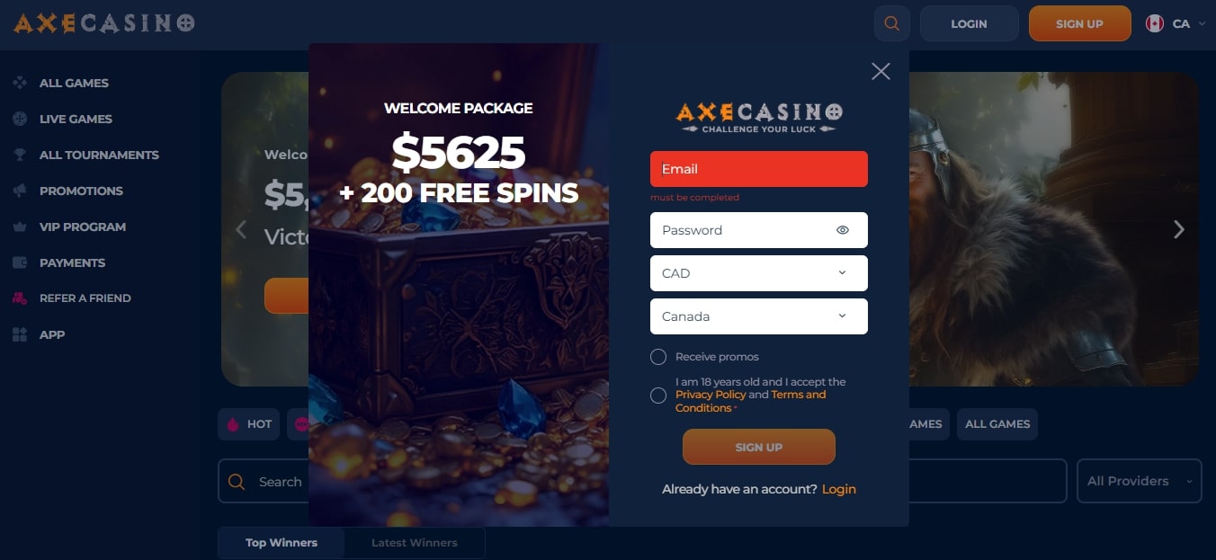 axe casino registration