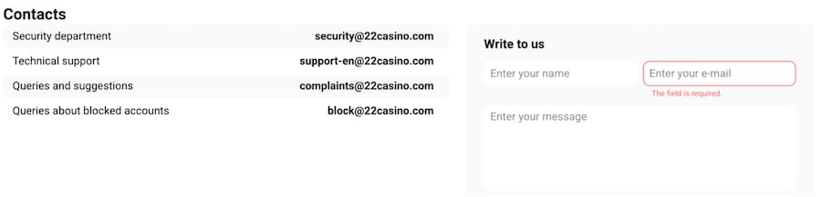 22casino support